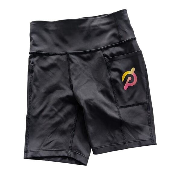 Peloton Black Biker Shorts Pink Yellow Logo size Small - Picture 1 of 5